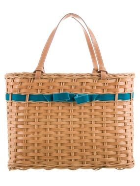 KATE SPADE Tan Woven Wicker basket Tote with Teal Ribbon